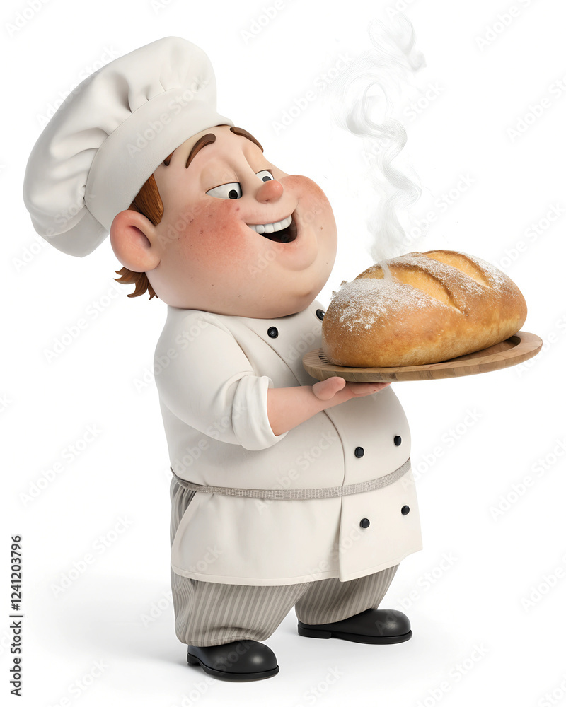 A 3D cartoon baker with chubby cheeks, holding a fresh loaf of bread with a proud grin, isolated on a white background A 3D cartoon baker with chubby cheeks, holding a fresh loaf of bread with a proud grin, isolated on a white background