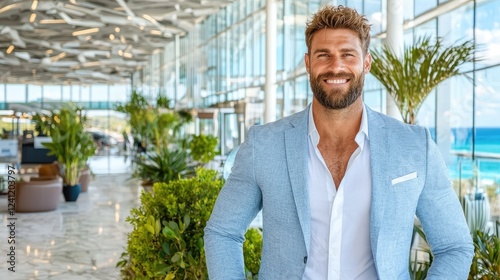 Wallpaper Mural Smiling man in light blue blazer, luxury resort lobby Torontodigital.ca