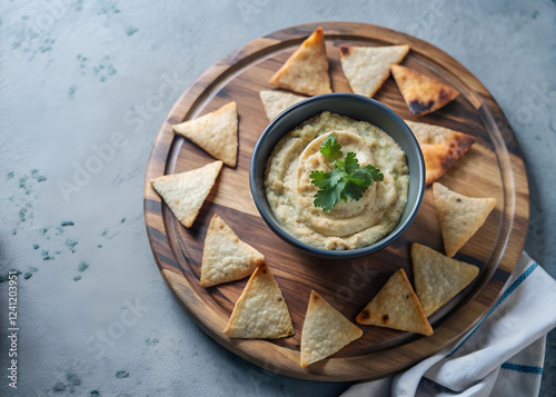 Overhead shot of golden pita chips on a wooden board, scattered around a bowl of hummus photo