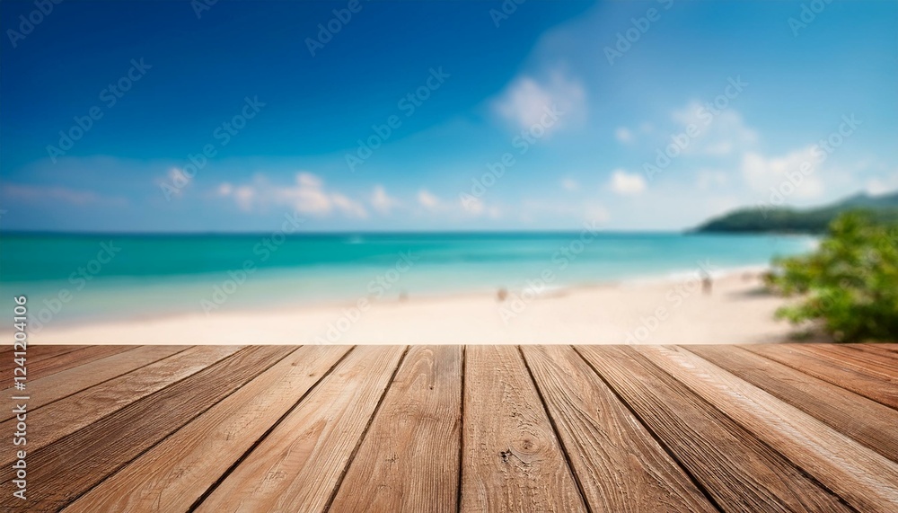 Empty Wooden Planks With Blur Beach And Sea On background Empty Wooden Planks With Blur Beach And Sea On background