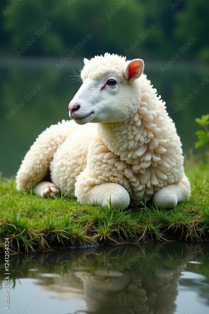 Fluffy white sheep resting near serene riverbank, water, serene