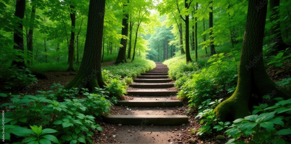 Forest path with wooden steps winding through dense foliage, earthy, natural Forest path with wooden steps winding through dense foliage, earthy, natural