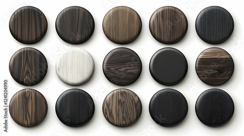 Wooden Discs, A Variety of Wood Grains and Colors, Arranged in a Grid Pattern on a White Background, Showcasing Natural Textures and Shades.