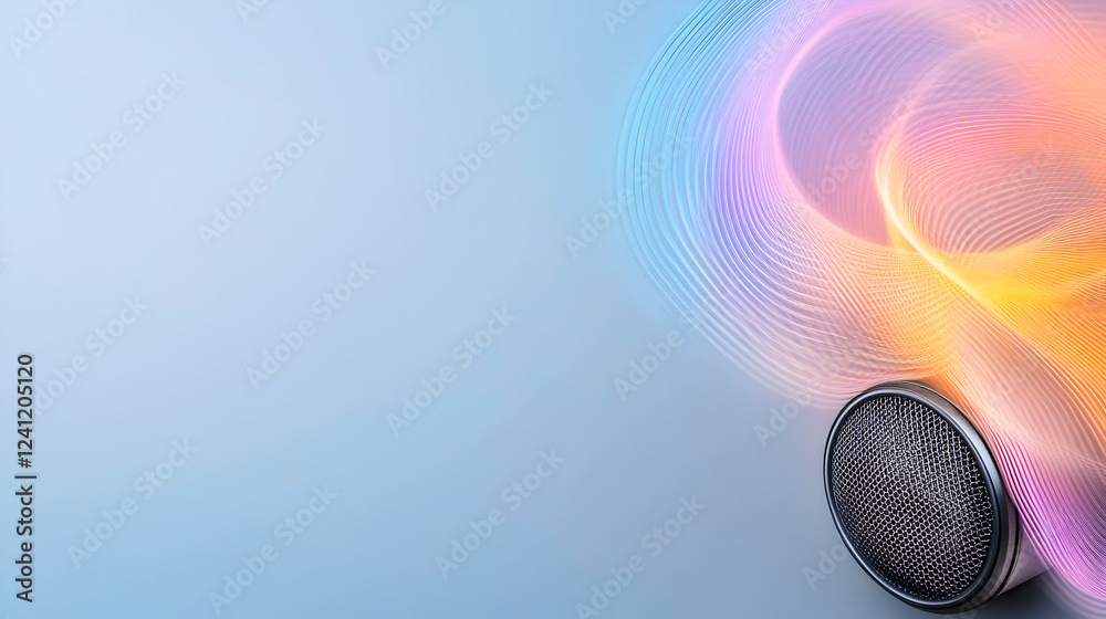 Speaker with flowing neon sound waves creating an abstract, energetic design. Great for music festival posters, audio branding, and digital marketing materials. Selective focus Speaker with flowing neon sound waves creating an abstract, energetic design. Great for music festival posters, audio branding, and digital marketing materials. Selective focus
