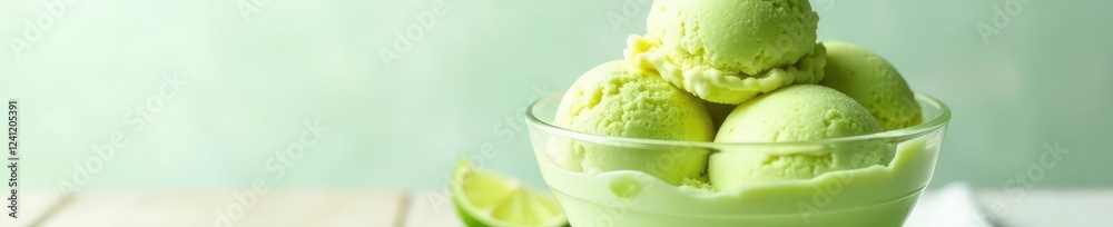 Fresh lime ice cream scoops piled high in a glass bowl on a white tablecloth, cold, sweet and sour, creamy Fresh lime ice cream scoops piled high in a glass bowl on a white tablecloth, cold, sweet and sour, creamy