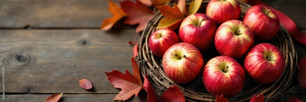 Freshly cut apples adorn a rustic wooden wreath with red ribbon, autumn, red ribbon Freshly cut apples adorn a rustic wooden wreath with red ribbon, autumn, red ribbon