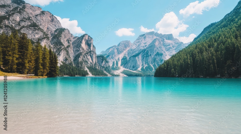 Turquoise lake with pristine waters reflecting the sky, encircled by majestic mountains, offering a serene and picturesque nature scene
Turquoise lake with pristine waters reflecting the sky, encircled by majestic mountains, offering a serene and picturesque nature scene