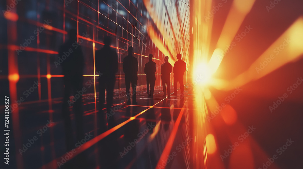 Fototapeta premium Group of business people silhouettes in modern office building and business network concept. Human resources with pastel innovation charts and graphs with statistics to analyze business
