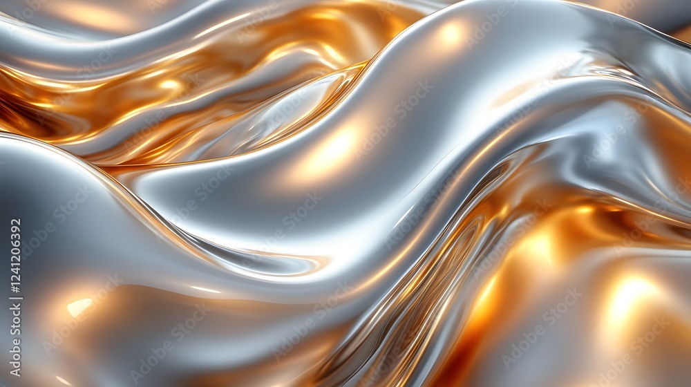 Obraz premium Mesmerizing Silver and Golden Liquid Metal Waves Background with a Unique Tilt-Shift Effect for Stunning Abstract Art Creations