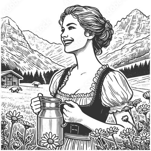 happy woman in traditional Bavarian dress holding a milk jug in an alpine landscape sketch engraving generative ai fictional character vector illustration. Scratch board. Black and white image.