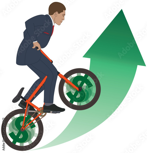 business man, BMX bike concept of riding upward on a growth arrow with spinning dollar sign in the wheels, isolated on a white background