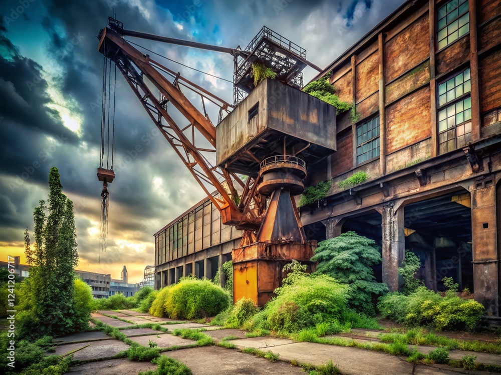 Fototapeta premium Rusty Industrial Crane in Urban Decay - Abandoned Factory Photography
