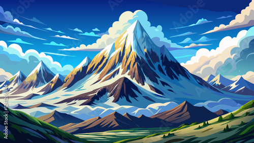 Majestic Snow-Capped Mountain Peak Surrounded by Clear Blue Skies and Fluffy Clouds