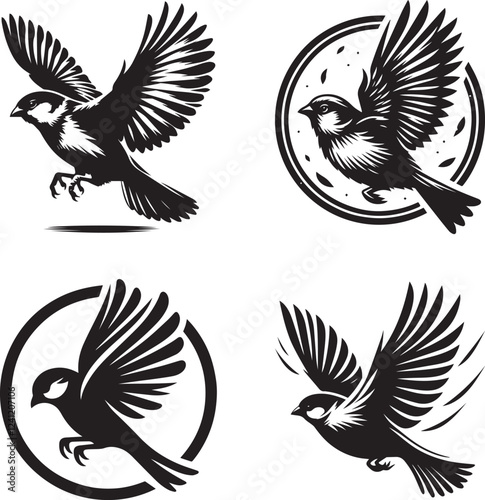 A vector illustration of black and white flying birds, including Sparrows, hawks, doves, and pigeons, depicted in silhouette with wings spread, symbolizing nature and flight