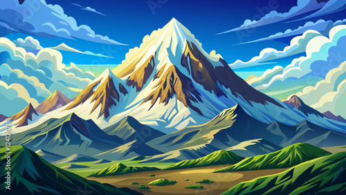 Majestic Snow-Capped Mountain Peak Surrounded by Clear Blue Skies and Fluffy Clouds