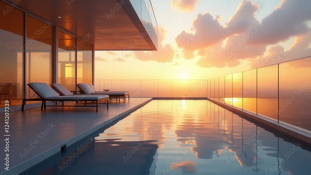 Fototapeta premium Futuristic design of modern Balcony at Golden Hour, cinematic photography