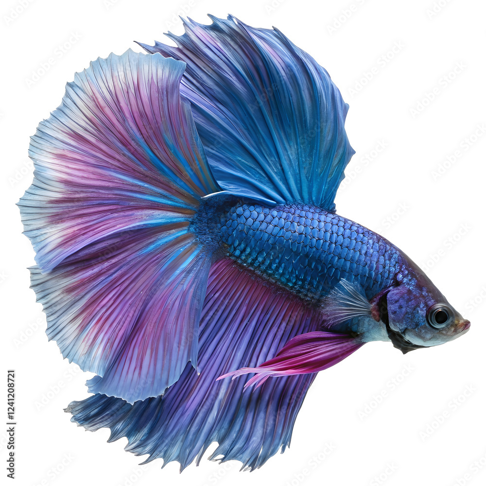 Fototapeta premium Blue and Purple Siamese Fighting Fish: A vibrant Siamese fighting fish with iridescent blue and purple fins displays its stunning beauty. Its flowing fins create a captivating underwater spectacle.