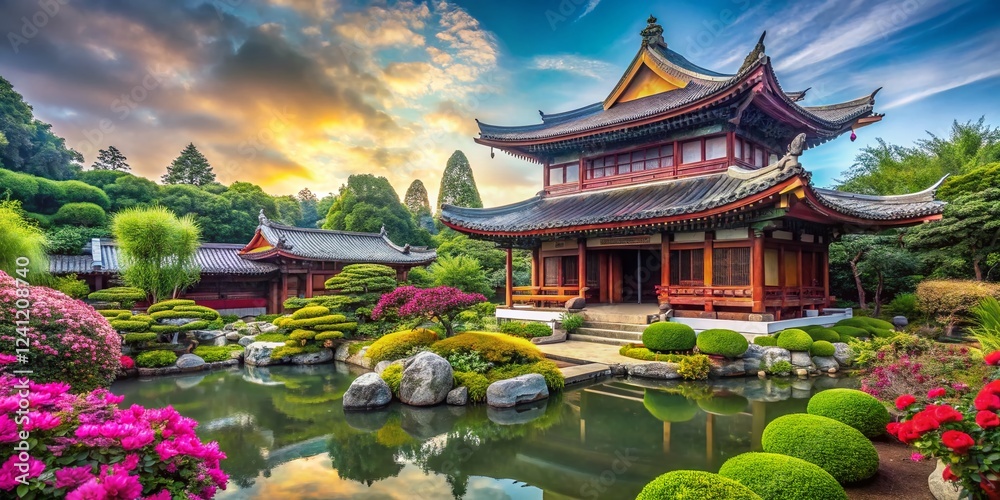 Obraz premium Serene Asian Temple Garden: Lush Flowers, Stone Pathways & Peaceful Retreat Stock Photo