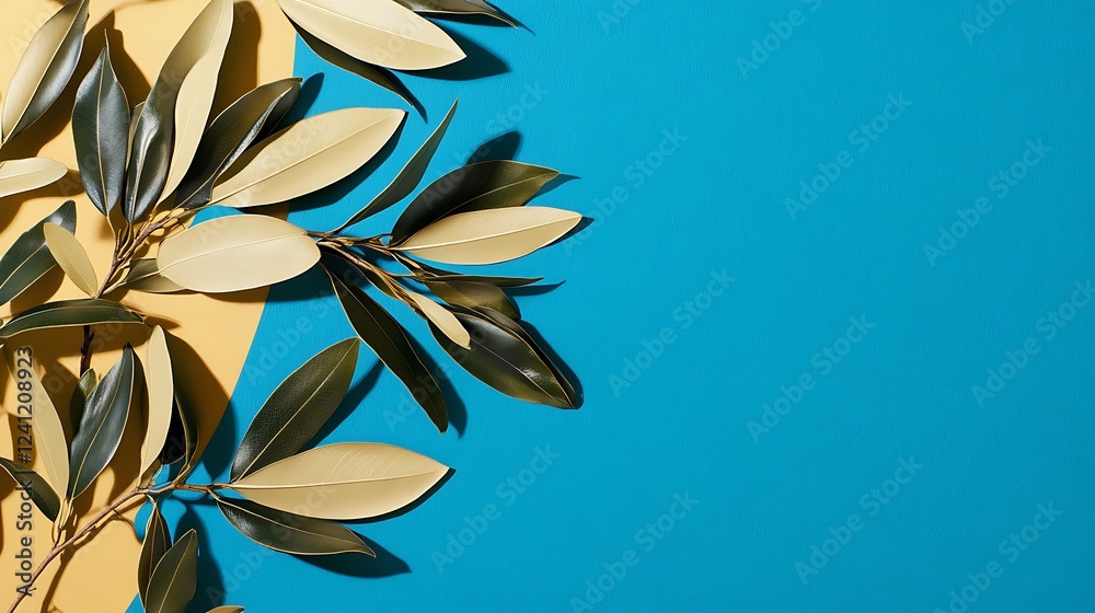 Obraz premium Tropical leaves, blue yellow backdrop