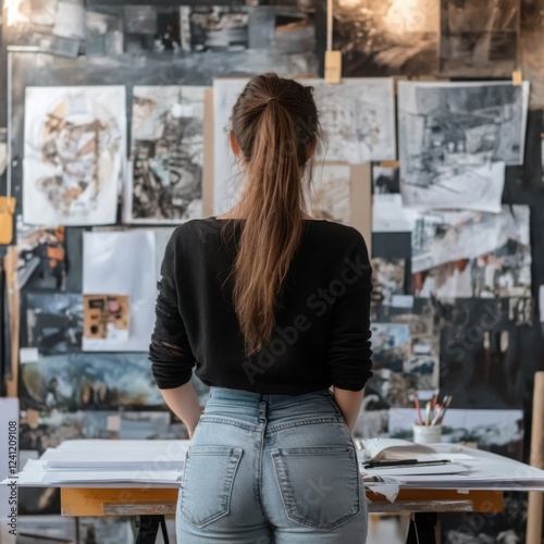women person brainstorming ideas with board