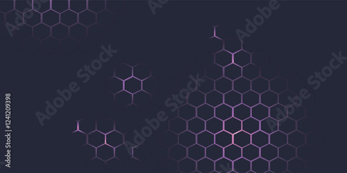Dark hexagon abstract technology background with purple colored bright flashes under hexagon. Hexagonal gaming vector abstract tech background.