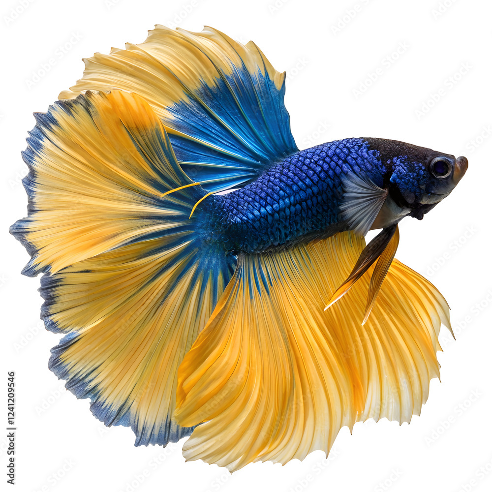 Fototapeta premium Blue and Gold Betta Splendor: A vibrant betta fish, showcasing its magnificent, flowing fins in shades of deep blue and radiant gold, elegantly poised against a clear backdrop.