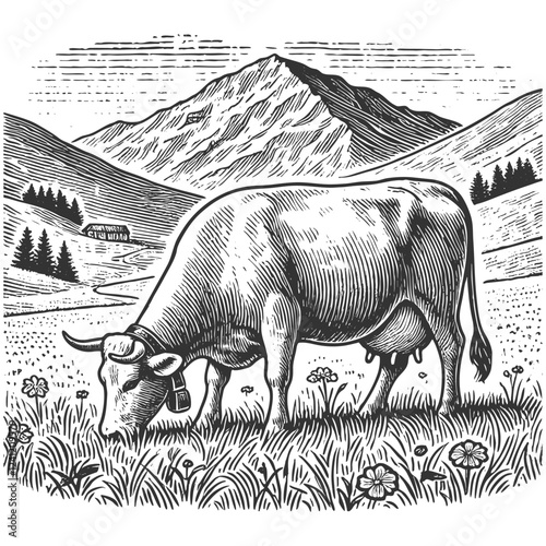 cow grazing in an alpine meadow, with mountains, a farmhouse, and wildflowers in the background, drawn in an engraved style sketch engraving generative ai vector. Scratch board. Black and white image.