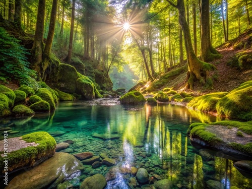 Serene Forest Natural Pool: Crystal Clear Water, Lush Greenery, Tranquil Nature Escape