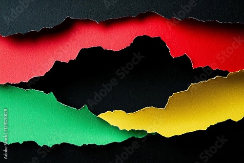 Abstract geometric black, red, yellow, green color paper background. Torn ripped paper collage composition , isolated on white background,  , copy space for text,