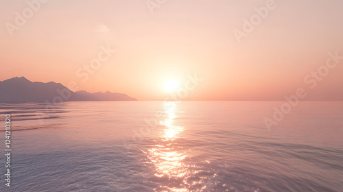 A soft apricot sunset over a calm beach, symbolizing peace and serenity.