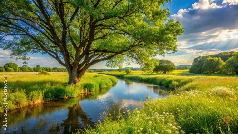 A lush green tree with branches stretching towards a serene stream surrounded by tall grass and vibrant wildflowers , outdoor landscape, nature photography A lush green tree with branches stretching towards a serene stream surrounded by tall grass and vibrant wildflowers , outdoor landscape, nature photography