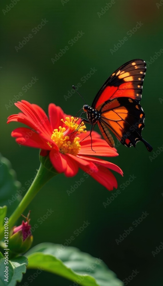 Mariposa sips nectar from a bright red isoras flower, pollinator, nectar