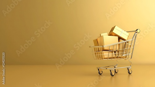 Luxurious metallic shopping cart bathed in golden light filled with vividly colored high end parcels symbolizing the extravagance and indulgence of premium shopping experiences