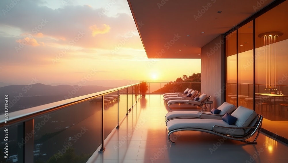 Fototapeta premium Futuristic design of modern Balcony at Golden Hour, cinematic photography