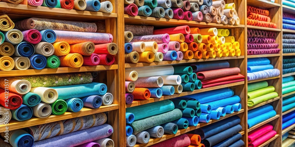 Fototapeta premium Colorful fabric rolls stacked neatly on shelves in a fabric store