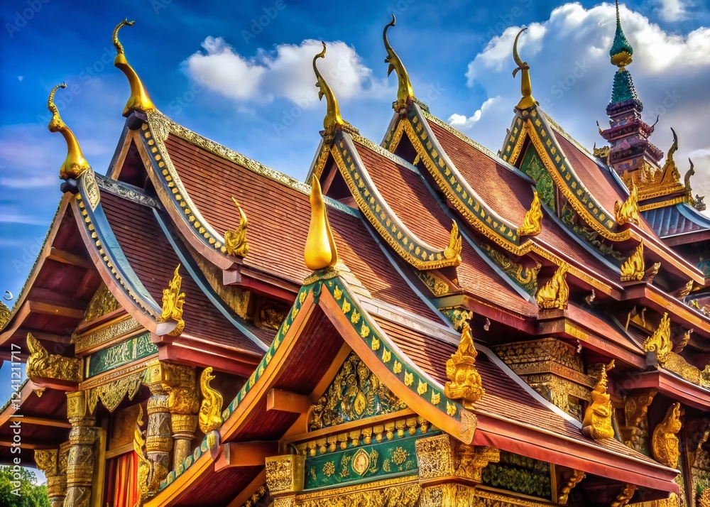 Fototapeta premium Stunning View of Wat Buppharam Temple's Intricate Thai Roof in Chiang Mai