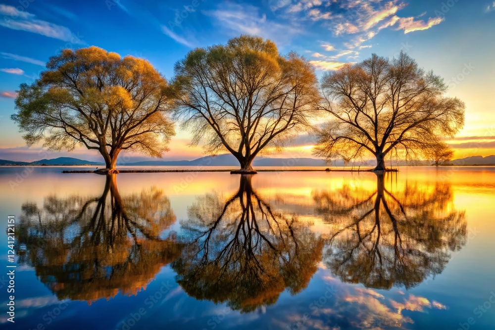 Serene Reflection: Three Majestic Trees Mirrored in Still Water Serene Reflection: Three Majestic Trees Mirrored in Still Water