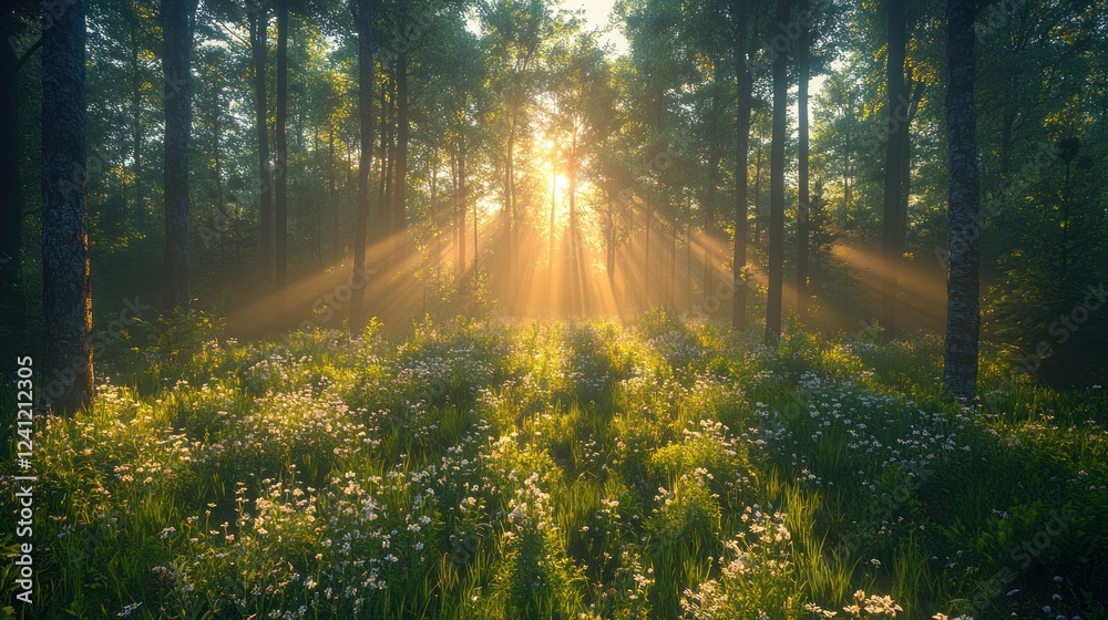 Fototapeta premium Sun rays pierce through misty forest, illuminating wildflowers.