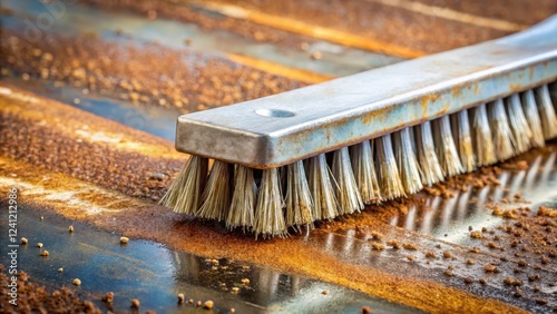 Metal wire brush scrubbing rust off a metal sheet surface photo