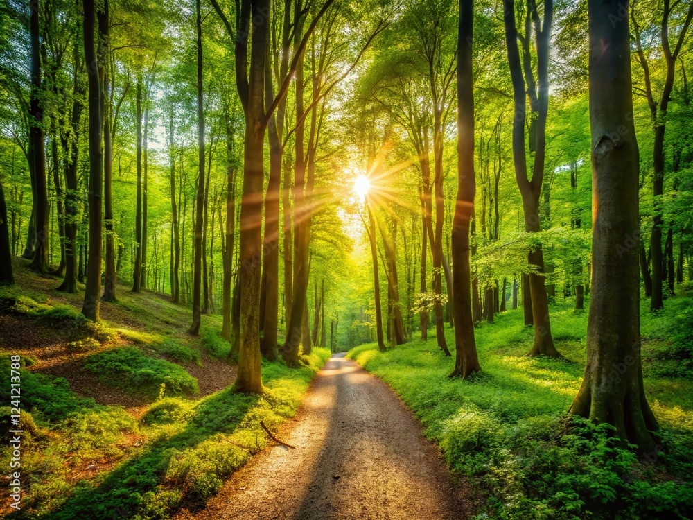 Fototapeta premium Sunlit Forest Trail: Woodland Path, Green Trees, Nature Walk