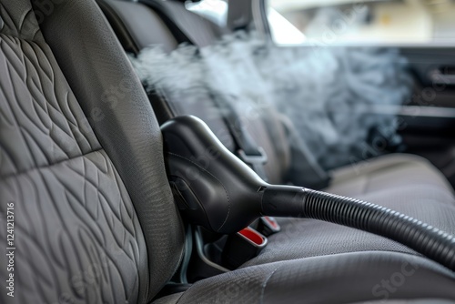 Handheld steam cleaner effectively removes stubborn dirt from car interior seats during testing photo