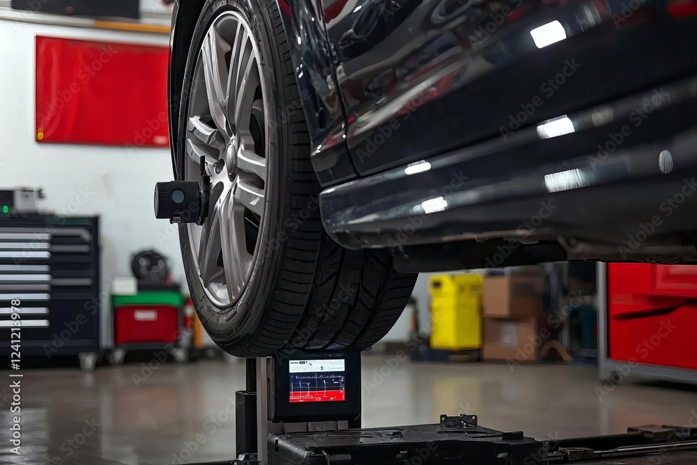 Fototapeta premium Car on stand with sensors on wheels for wheels alignment camber check in workshop of Service station , isolated on white background, , copy space for text,