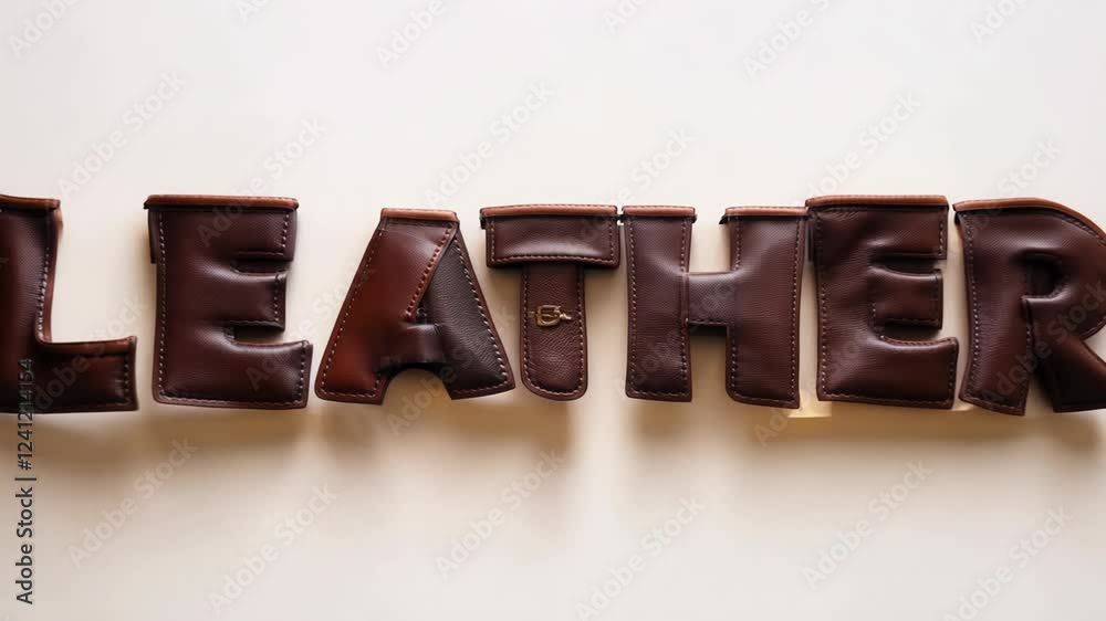 Dark leather patches come together in a harmonious arrangement, forming the word leather through careful stitching. Each piece contributes to an exquisite display of artistry and skill.