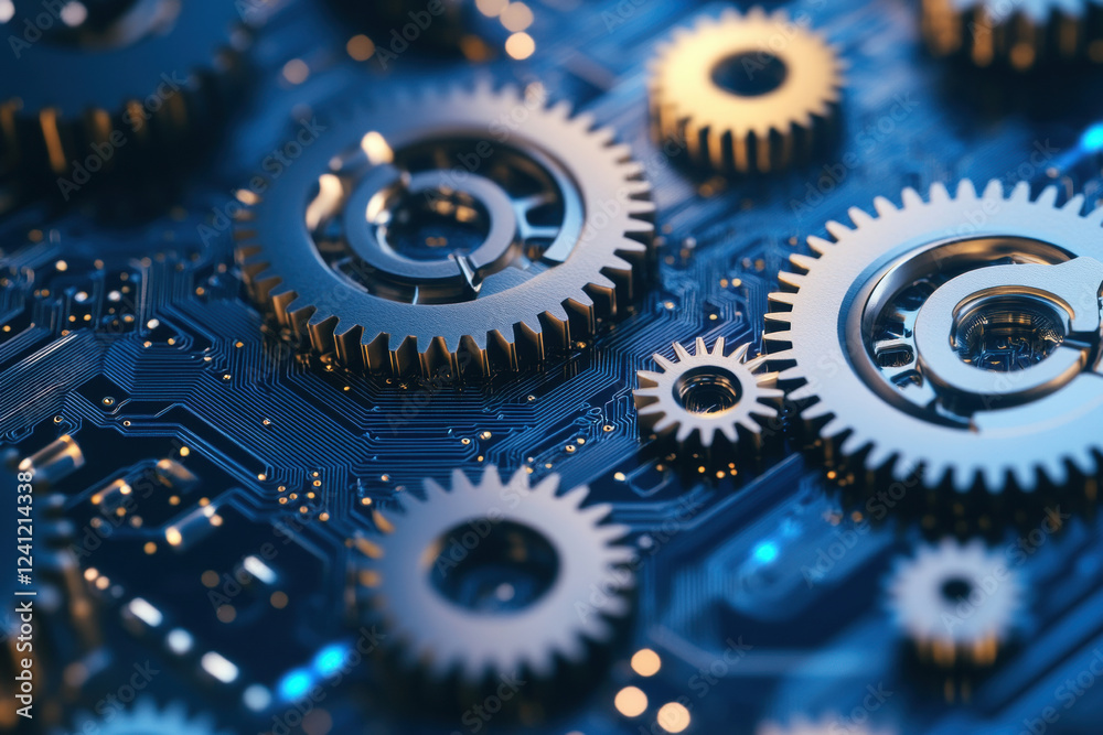 Metallic gears interlocking on circuit board background Metallic gears interlocking on circuit board background