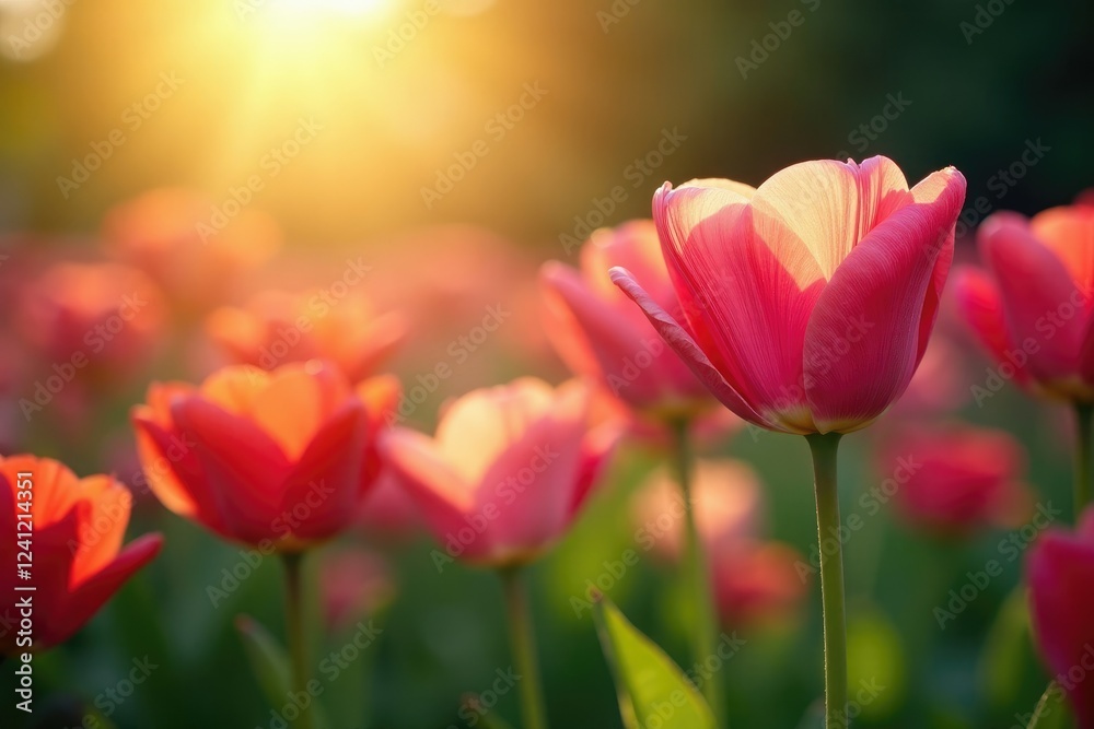 Fototapeta premium Sunlight filters through flower petals softly, gentle, soft light, garden