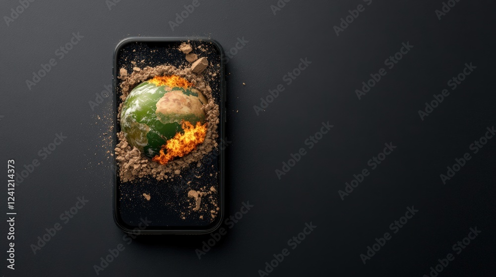 Smartphone with burning globe symbolizes technology's impact on climate change, highlighting urgent need for environmental sustainability solutions worldwide. Smartphone with burning globe symbolizes technology's impact on climate change, highlighting urgent need for environmental sustainability solutions worldwide.