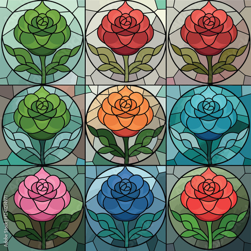 Jewel-Toned Roses in Stained Glass Style on Frosted White Background