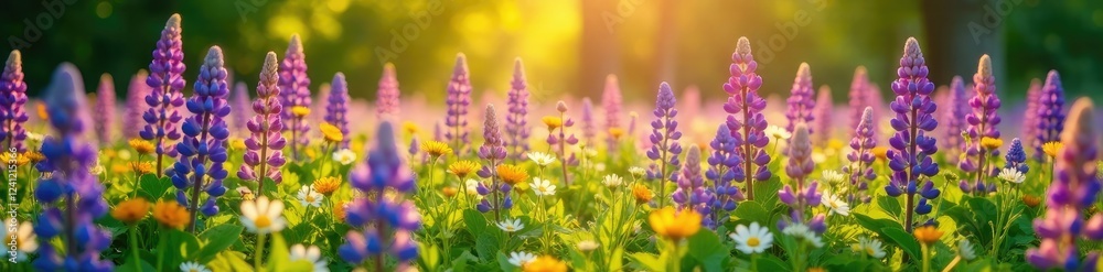 Fototapeta premium A carpet of lupine flowers in a sunlit meadow, landscape, spring, flowers