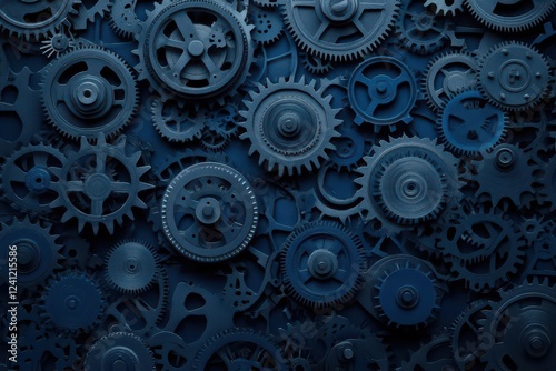 Wallpaper Mural navy blue backdrop filled with interlocking gears, creating an industrial and mechanical aesthetic, emphasizing precision, technology, and innovation in a dynamic visual display Torontodigital.ca