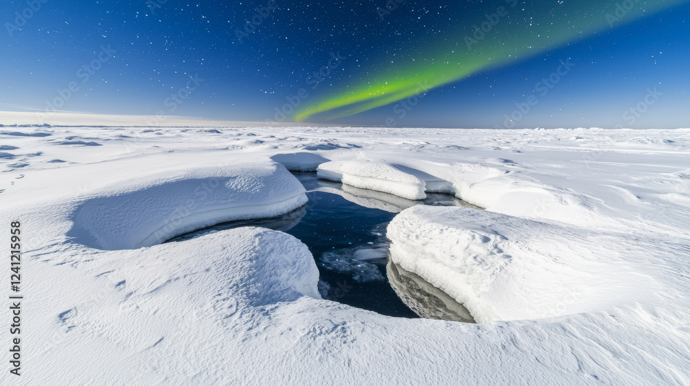 Arctic winter landscape: Frozen water channel, snowdrifts, and aurora borealis. Arctic winter landscape: Frozen water channel, snowdrifts, and aurora borealis.
